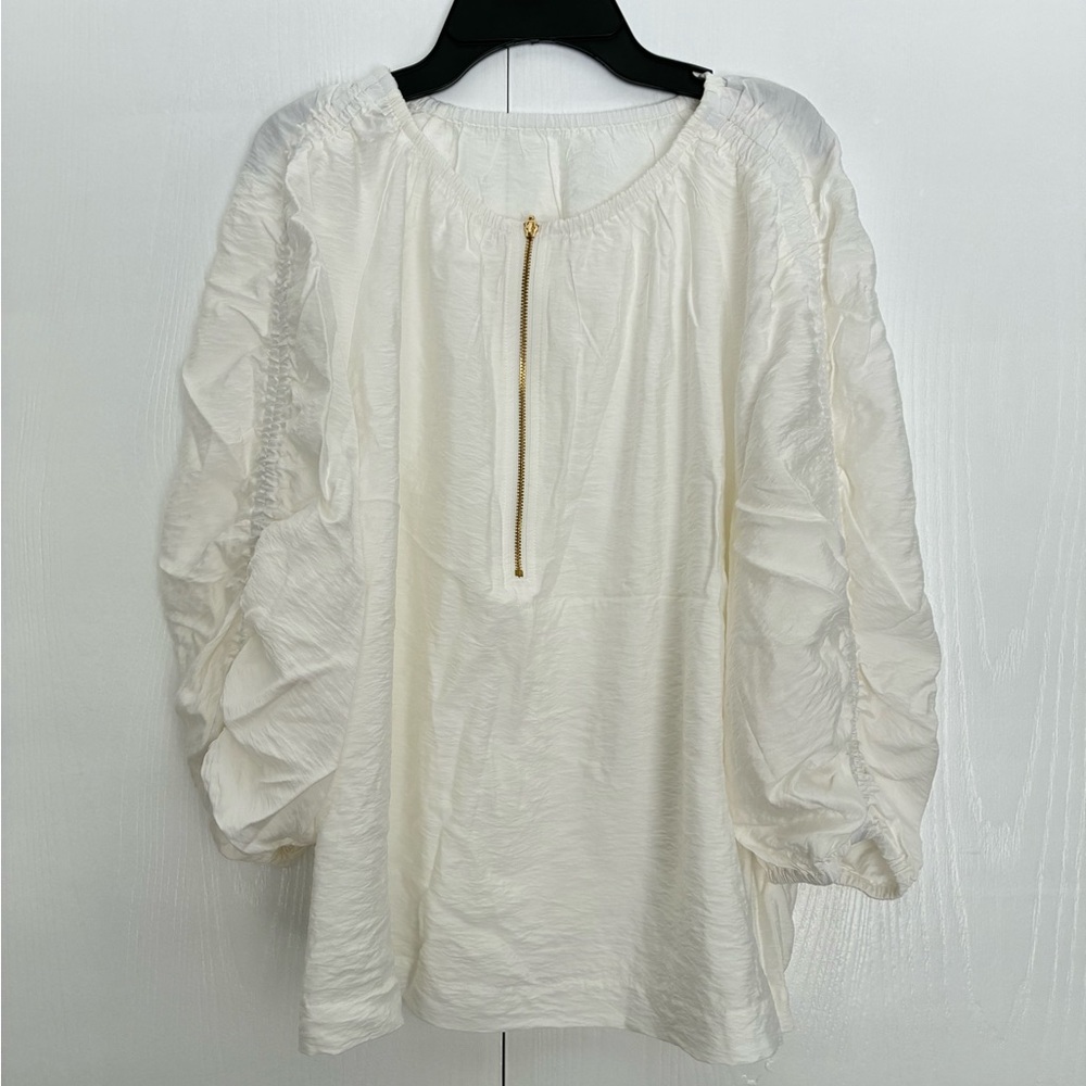 Chic Oversized Cream Blouse with Gold Zipper Ruched 3/4 long sleeve Size Medium